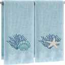 Breling 2 Pcs Summer Beach Hand Towels for Bathroom Blue Embroidered Ocean Coastal Fingertip Towels 13.8 x 29.5'' Under The Sea Seashell Starfish Absorbent Kitchen Dishcloth for Bath Guest Gifts