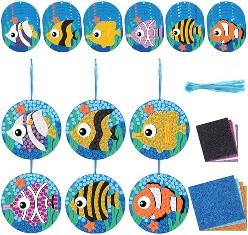 Fullhawl 48  Pcs Ocean Crafts Glitter Mosaic Fish Craft Kit Under The Sea Ocean Animals Crafts Beach Hanging Ornaments for Summer Theme Party Favors Home Classroom Activities
