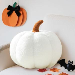 Pumpkin Pillows, Halloween Pumpkin Shaped Throw Pillow, 3D Plush Fall Cushion, Soft Sherpa Fleece Decorative Pillow for Sofa, Bedroom, Living Room, Thanksgiving Gift (White, 11 Inch)