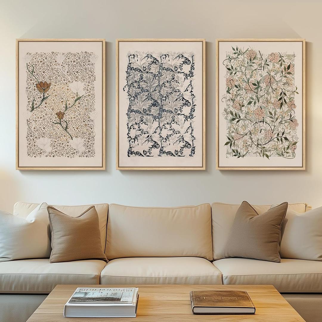 Framed Large William Morris Canvas Wall Art Set of 3, Vintage Nature Floral Artwork Prints, Boho Neutral Botanical Wall Decor for Living Room, Bedroom, Hallway and Office, Total Size 30x60