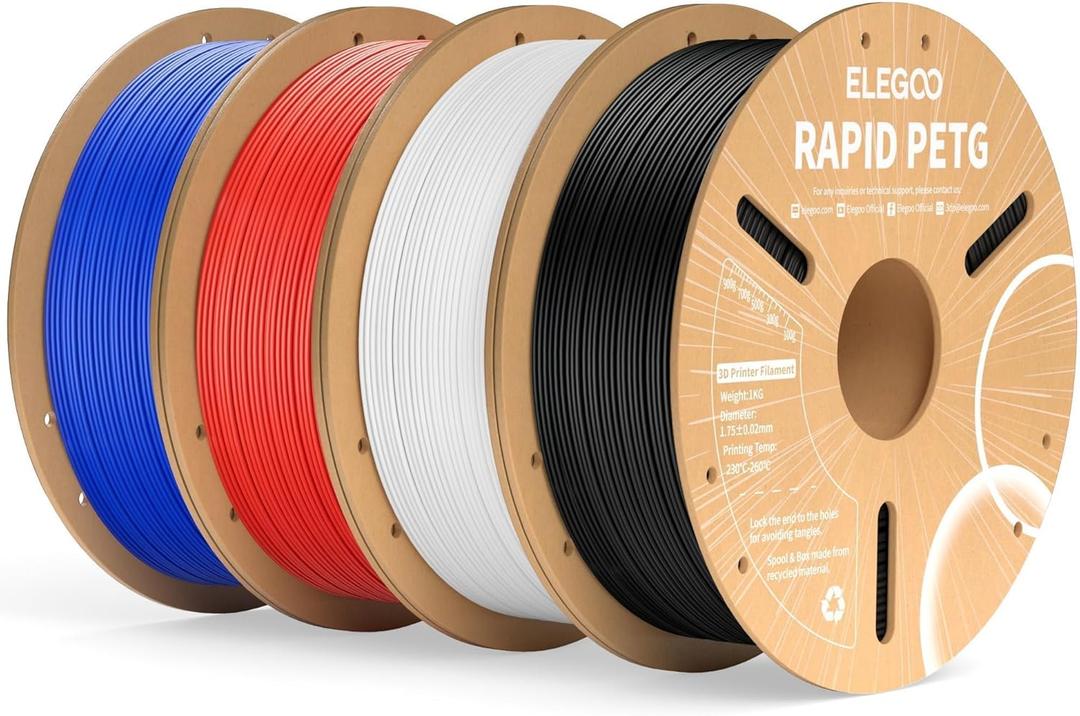ELEGOO Rapid PETG Filament 1.75mm Bundle 4KG, High Speed 30-600mm/s 3D Printer Filament Accuracy +/- 0.02 mm, 1kg Cardboard Spool(2.2lbs), Fits for Most FDM 3D Printers(Black, White, Blue, Red)