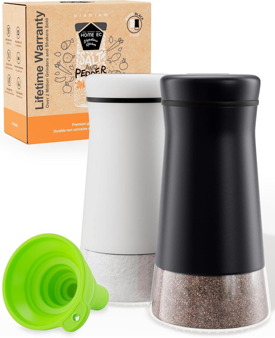 HOME EC Original Salt and Pepper Shakers Set with Adjustable Pour Holes - Black and White Salt Shaker and Pepper Shaker - Farmhouse Spice dispenser for salts, Ground peppercorn and spices (2pk)