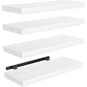 AMADA HOMEFURNISHING Floating Shelves, Paulownia Wood Wall Shelves for Bathroom/Living Room/Bedroom/Kitchen/Home Office, Natural Wood Floating Shelf for Home Storage & Organization, Set of 4, AMFS40W (White)