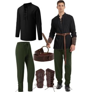 5 Pcs Halloween Men's Renaissance Costume Medieval Pirate Shirt and Pants Viking Costume Accessory Set (Black/Green)