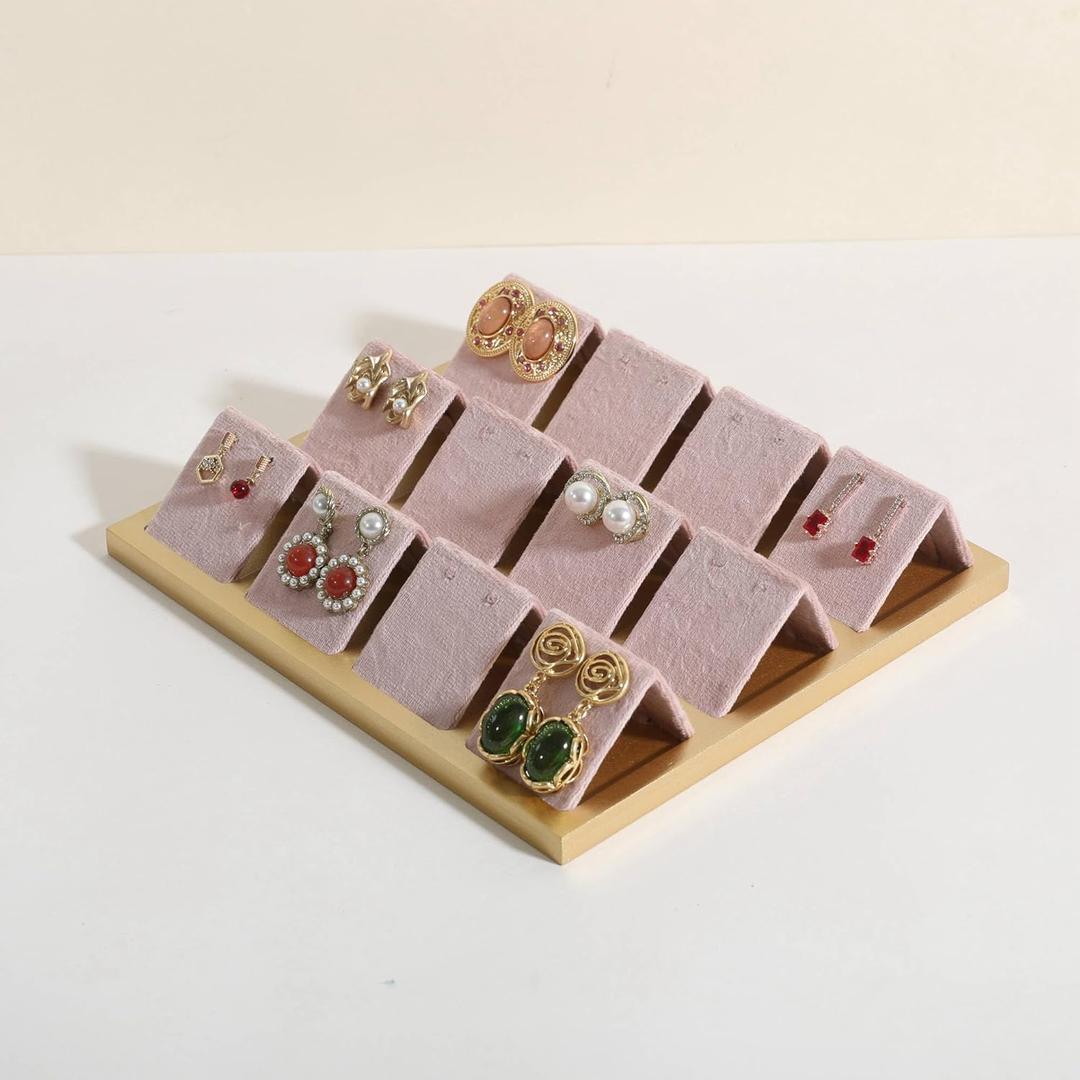 GemeShou Golden coated earring display stand for selling, velvet stud earring holder for jewelry display, Jewlery earring storage organizer tray, studs holder jewelry organizerEarring holder-Pink