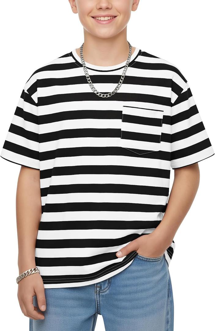 Boys Oversized Striped T-Shirt with Chest Pocket Short Sleeve Crew Neck Casual Summer Tee for Boys 5-14