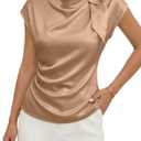 EVALESS Satin Blouses for Women Dressy Casual Trendy 2026 Summer Silk Tops | Cap Short Sleeve Cowl Neck Bow Tie Pleated Shirts,Work Office Business Professional Date Night Outfits,Fashion Spring Clothes, XL