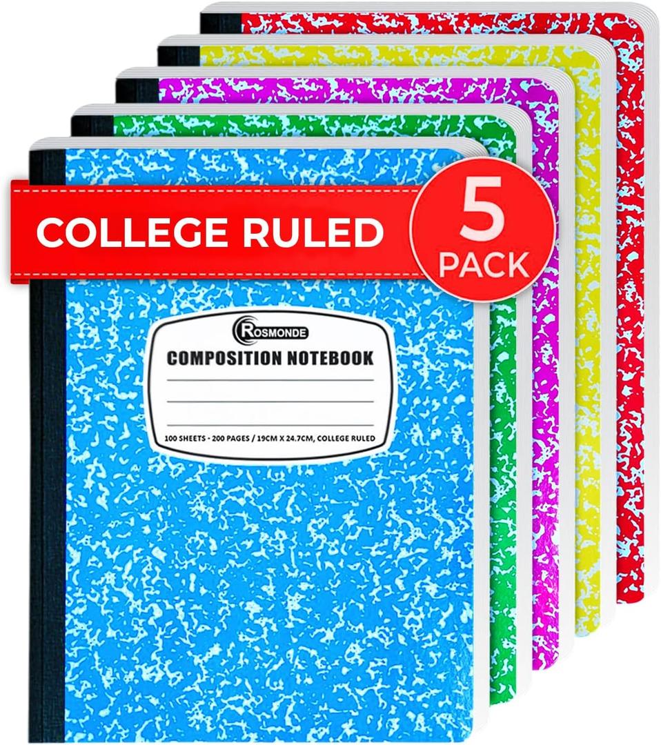 Rosmonde 5 Pack Composition Notebooks College Ruled, 200 No Bleed Pages (100 Sheets) 9-3/4x7-1/2 Notebooks for Work, Back to School Supplies for College Students, Notebooks for Women, Colors May Repeat
