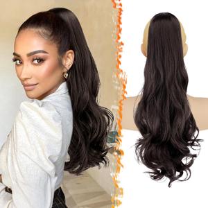 BARSDAR Dark Brown Wavy Drawstring Ponytail Extensions  20 Inch Drawstring Comb Clip in Ponytail Hair Extensions for Women, Synthetic Curly Wavy Dark Chocolate Brown Pony Tails Hairpieces