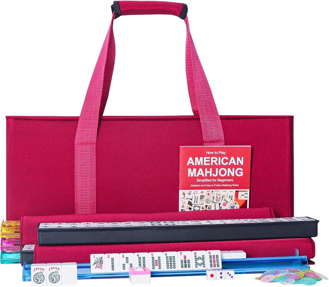 ZGME American Mahjong Set,166 White Tiles with Red Bag and Accessories,4 All-in-One Mahjong Racks with Pushers,Complete Western Mahjong Set, Medium
