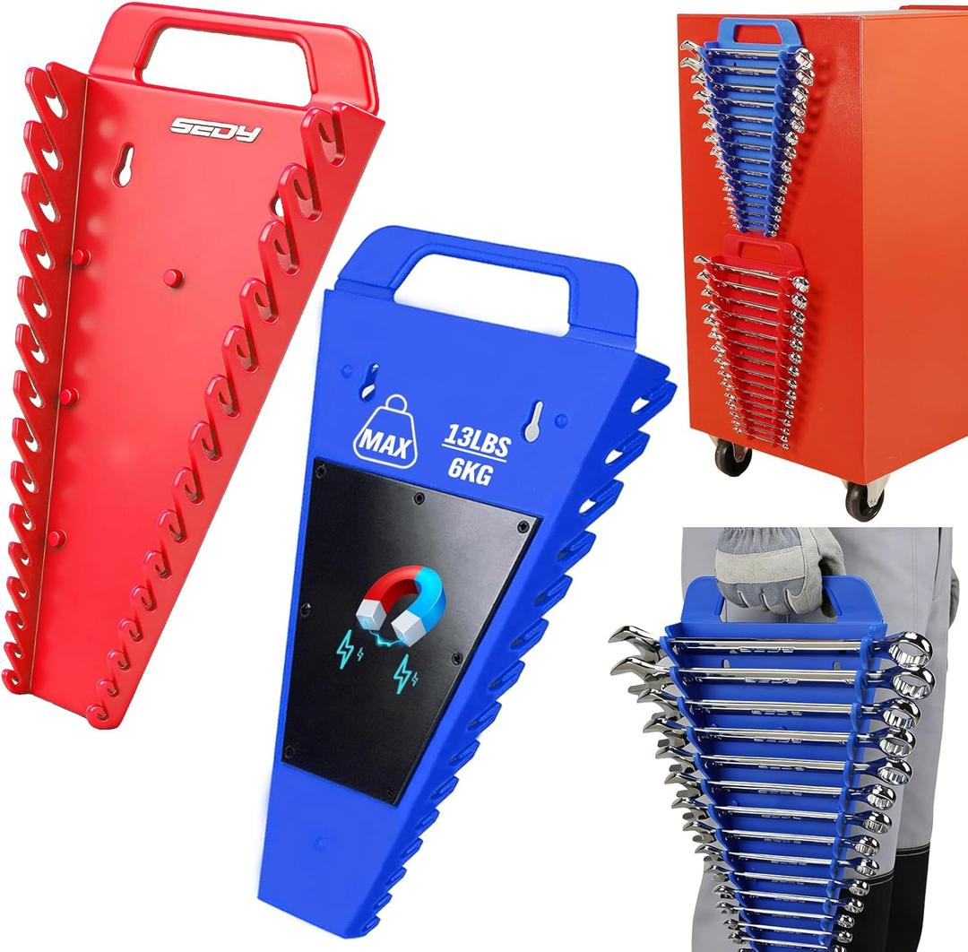 2-Pack Magnetic Wrench Organizer with Non-Slip Handle, 24-Slot Heavy-Duty Wrench Rack Holders for Toolbox & Drawer Storage, Fits SAE 1/4"-1-1/16" and Metric 6mm-24mm Wrenches