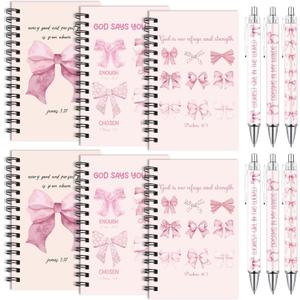 Wxiben Pink Bow Spiral Notebooks Set 12 Pieces Coquete Bow Journal with Inspirational Bible Ballpoint Pens Christian Scripture Prayer Hardcover Notebook Gifts for Women Office School Church Supplies