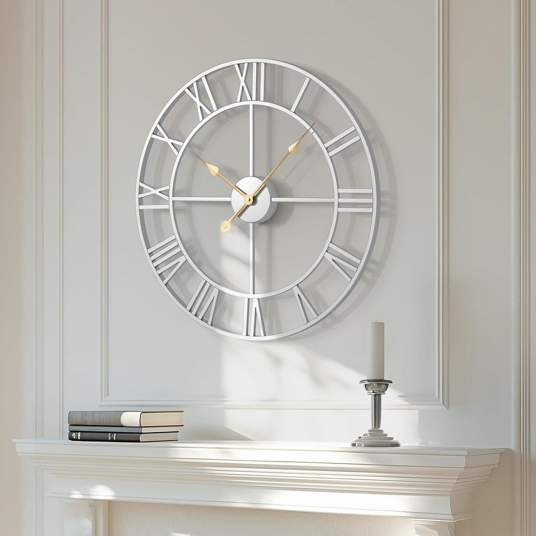 Cuspin 24 Inch Large Silver Wall Clock, Battery Operated Silent Non Ticking Metal Roman Numeral Decorative Wall Clock for Living Room, Bedroom, Kitchen, Office, Entryway