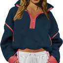 LAMISSCHE Half Zip Sweatshirt Women Oversized Sherpa Jacket V Neck Fleece Pullover Hoodie with Pockets (Small, Navy)