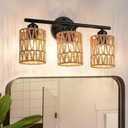 Frideko 3-Light Bathroom Vanity Light Fixtures, Modern Rattan Bathroom Lighting Fixtures Over Mirror, Boho Wall Sconces with Woven Lampshade, Black Wall Lamp for Farmhouse Living Room Bedroom