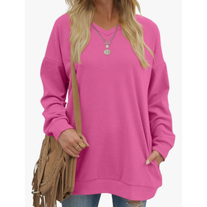 OFEEFAN Women's Sweatshirts V Neck Oversized Long Sleeve Pockets Top Size M