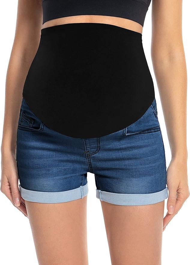 Foucome Maternity Denim Shorts Over Bump Ripped Distressed Folded Hem Blue Jean Shorts Comfy Summer Pregnancy Shorts, Size Medium
