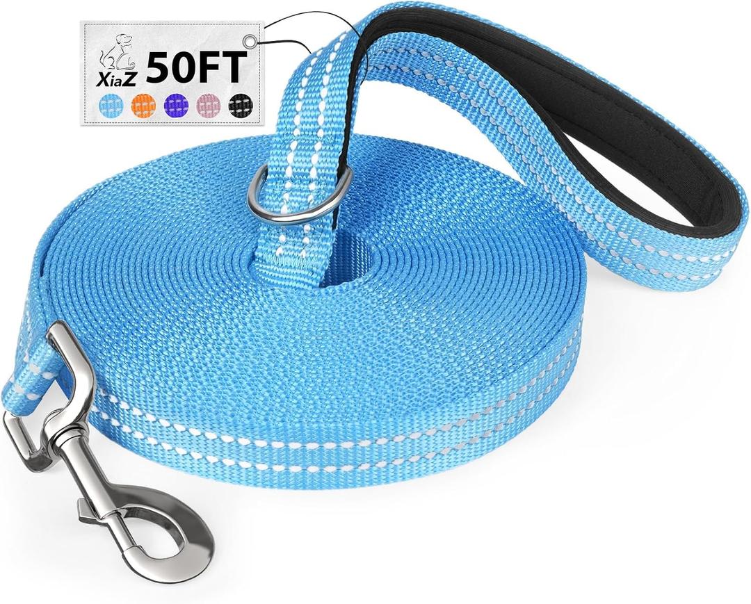 Long Dog Leash XiaZ Training Leashes 10/15/20/30/50/100ft Long Lead for Dogs 50ft Training Leash for Outside Blue 50 Foot Nylon Padded Handle Reflective Hiking Yard