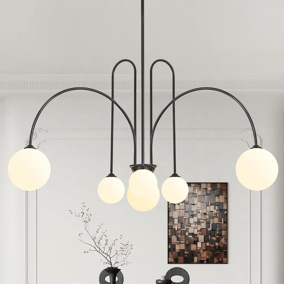 Black Sputnik Chandelier,6 Lights Modern Chandelier for Dining Room Mid Century Chandelier Large L49 Ceiling Pendant Light Fixtures with Milk Glass Globe Shades for Foyer Living Room Kitchen Island