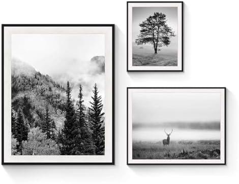 SunFlax Natural Landscape Framed Wall Art - Mysterious Forest and Wildlife Animal Pictures Wall Art Sets with Black Wooden Frames for Bathroom, Living Room, Bedroom, Office 3 PCS