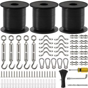 String Light Hanging Kit, 300 Ft Nylon Coated Stainless Steel Cable and Enough Accessories, Guide Wire for Outdoor String Lights, Patio Light, Camping Light