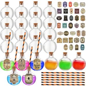 Baderke 24 Packs 6 oz Halloween Potion Drinks Cup with Straws and Stickers Plastic Potion Bottles Cocktail Ornament Balls for Halloween Christmas Centerpieces Party Decorative Supplies