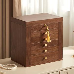 Homruilink Black Walnut Wooden Jewelry Box, 6 Layer Wood Jewelry Organizer with 2 Side Doors Mirror Lockable Classical Style for Watch Necklace Ring Earring Storage Gifts