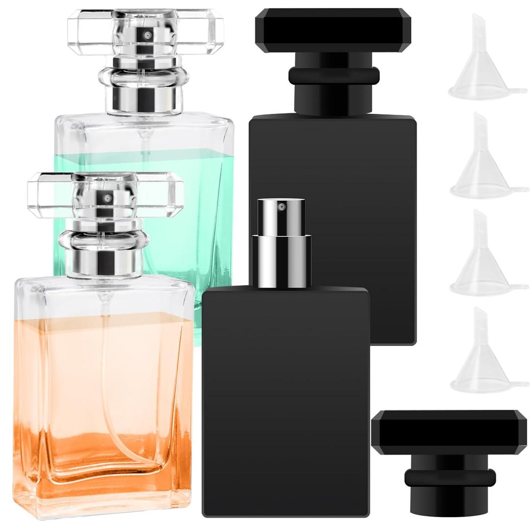 Luxsego Perfume Bottle Atomizers with Funnels, 30ML1oz Refillable Perfume Spray, Empty Spray Bottle Glass Cologne Atomizers for Travel, Handbag or Date, With Storage Bag(Transparent and Black 4Pcs)