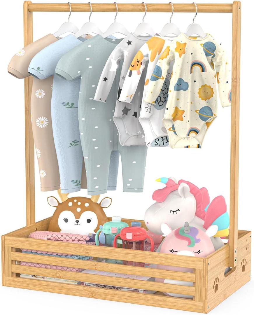 Baby Clothing Rack for Toddler, Pets Clothes Rack with Storage Box & Adjustable Hanging Rod for Dogs/Cats, Baby Shower Clothes Closet Rack with Handle for Nursery Room, Natural Bamboo (11.81"D x 20.47"W x 26.37"H inches)