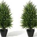  4FT Artificial Cedar Topiary Trees (2 Pack) - UV Resistant Fake Evergreen Shrubs with Extra Dense Foliage, Realistic Potted Faux Plants for Front Porch & Garden Decor