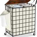 Laundry Basket with Wheels, Heavy Duty Laundry Sorter 2 Sections, 120L (32Gal.) Large Capacity Laundry Hamper with Wood Lid, 360 Rolling Wheels, Extra Side Pocket, Leather Pull Handle, Beige