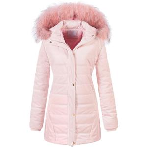 Chrisuno Women's Warm Winter Coat Velvet Puffer Jacket Quilted Faux Fur Hood (XS, Pink)