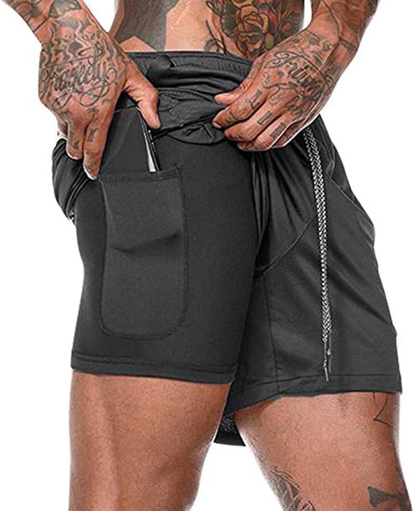 HANERDUN Men 2 in 1 Workout Running Athletic Shorts Sport Pants with Pocket (X-Large, Black)