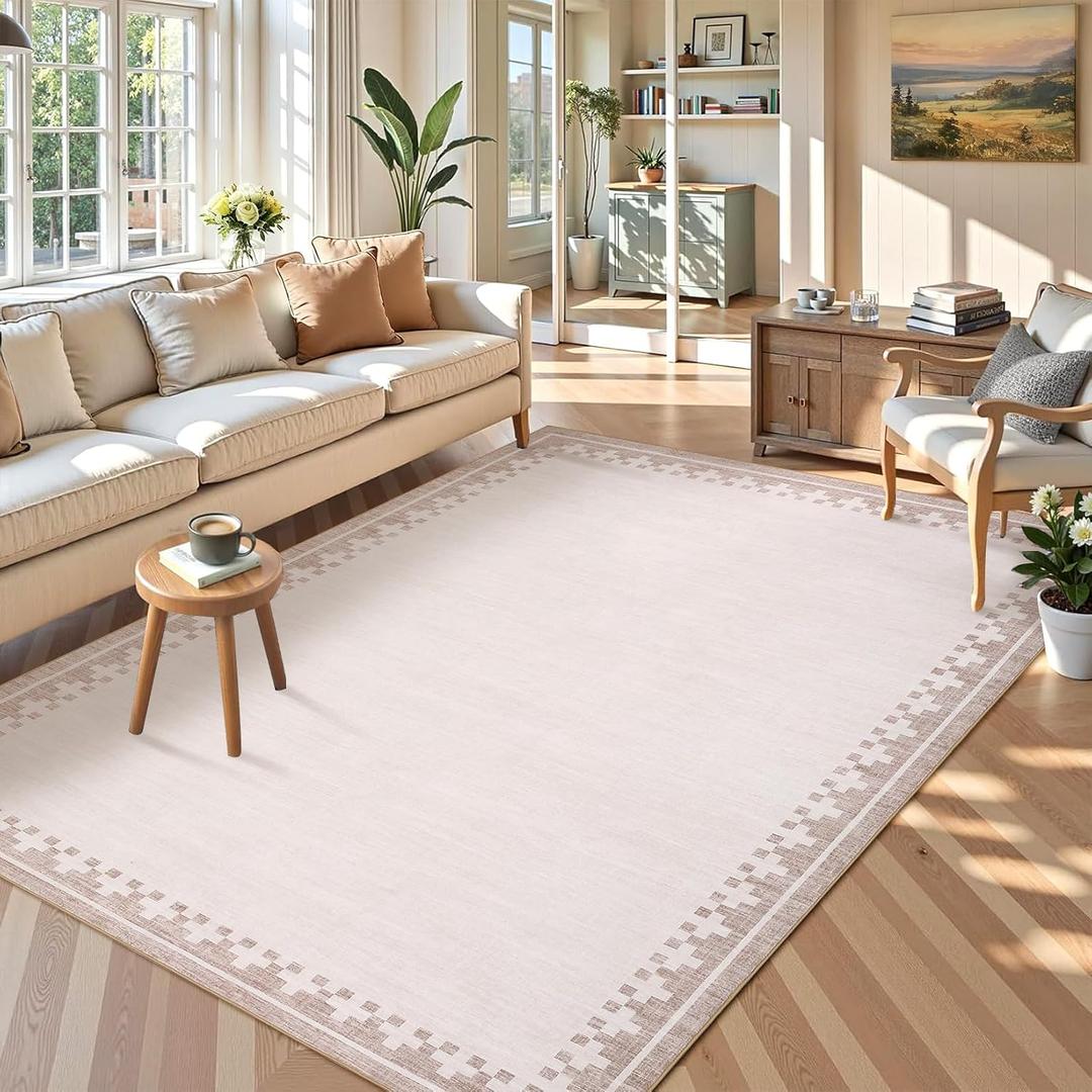 GarveeHome 8x10 Cross Bordered Living Room Rug Non Slip Neutral Carpet | Washable Low Pile Area Rugs for Bedroom Classroom Stain Resistant Geometric Soft Carpet for Home Office, Light Beige/Seashell