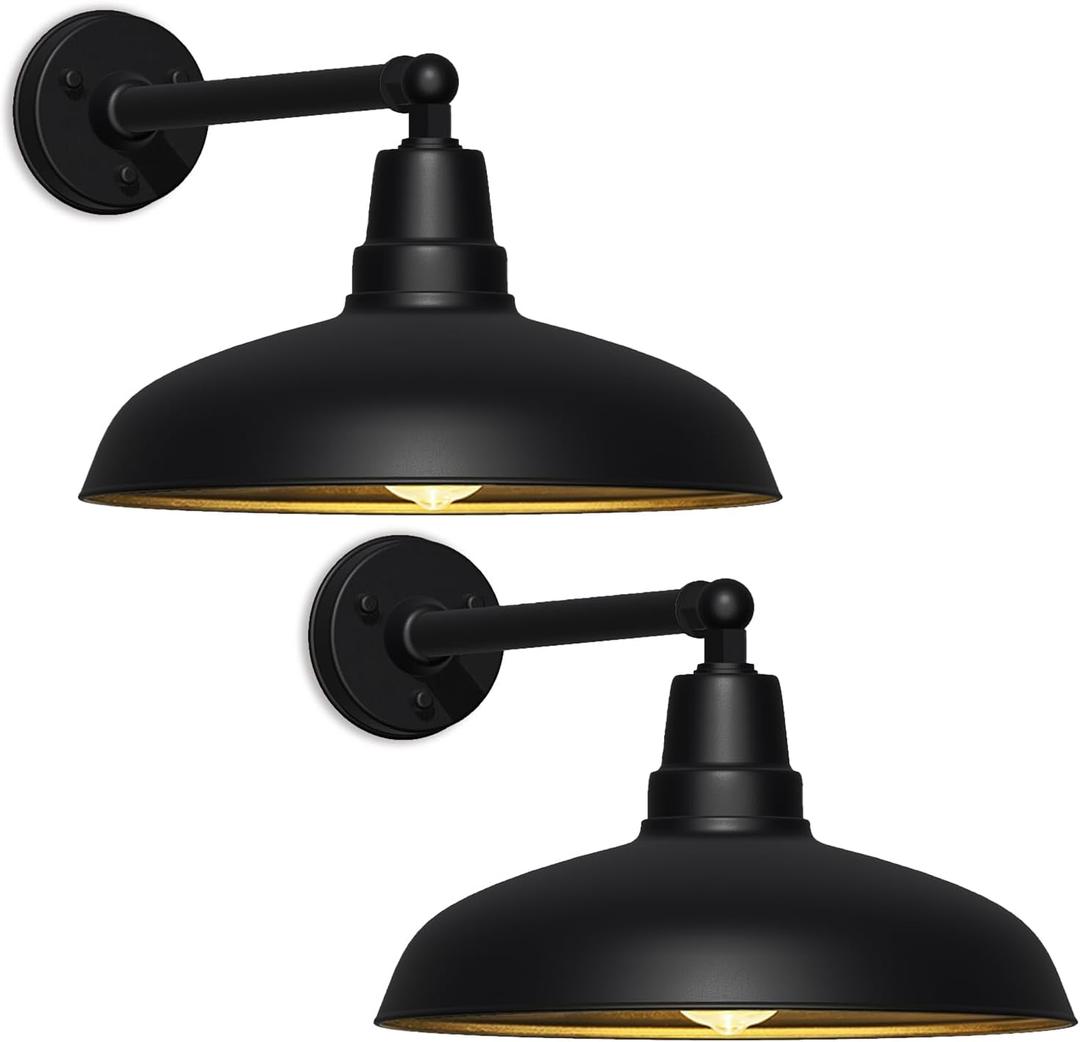 17" Outdoor Gooseneck Barn Light, Matte Black Industrial Wall Mount, Rust and Weatherproof, Vintage Farmhouse Style for Porch, Garden or Garage - 2 Pack