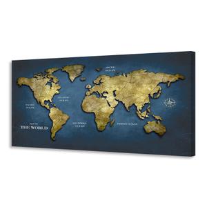 KUNHAAH World Map Wall Art Canvas Print, Vintage Gold Cracked Texture Map of the World Poster, Abstract Navy Blue Ocean Geography Art for Living Room Office Decor, Large Horizontal Map Framed 24"x48"