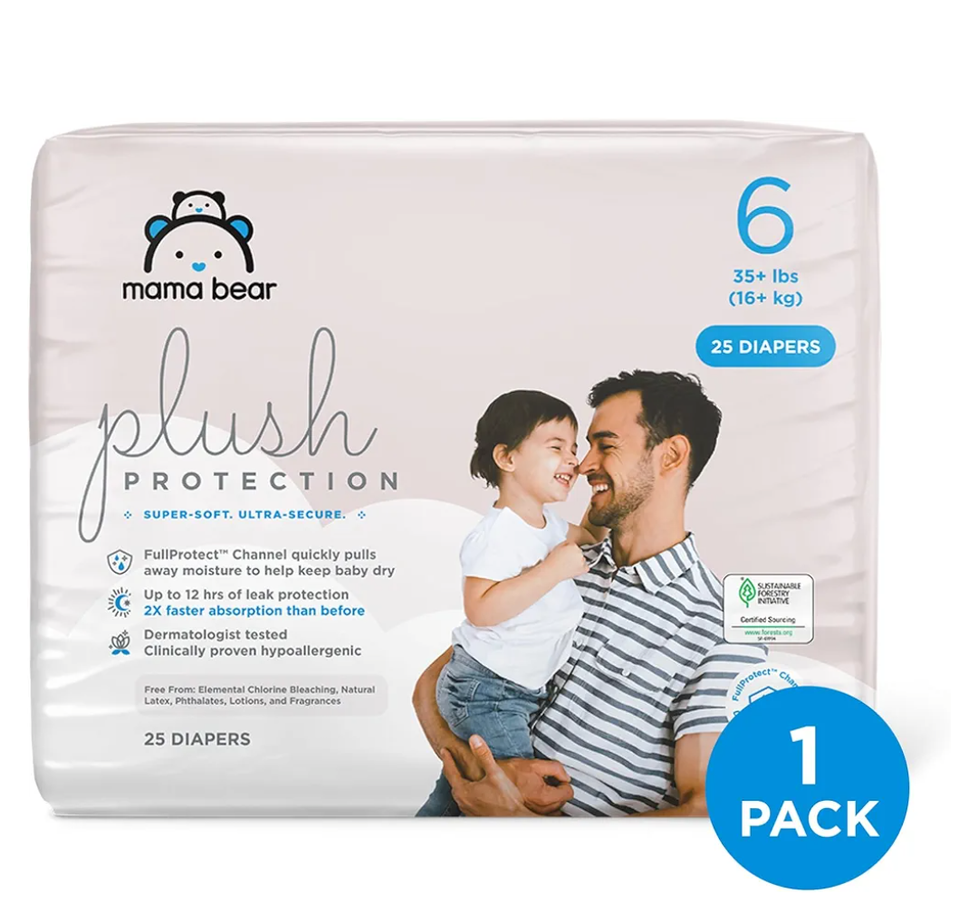 Amazon Brand - Mama Bear Plush Protection Diapers - Size 6, 25 Count, Hypoallergenic Premium Disposable Baby Diapers, White and Cloud Dreams pack of 4