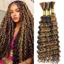 P4/27 Highlight BlondeHuman Braiding Hair for Boho Braids 150g 3 Bundles 34 34 34 Inch Brown Deep Wave Bulk Hair P4/27 Curly Human Hair Extensions for Braids Wet and Wavy Braid