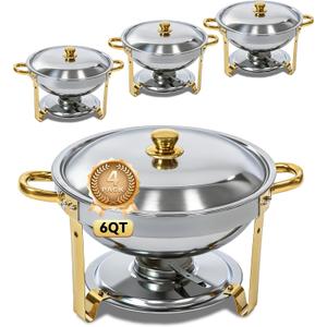 6QT Chafing Dishes for Buffet 4 Pack, Round Dish Buffet Servers and Warmers 304 Stainless Steel Food Warmers for Parties Weddings, Catering Buffet Catering Events, Chafers Servers Sets, Gold & Silver