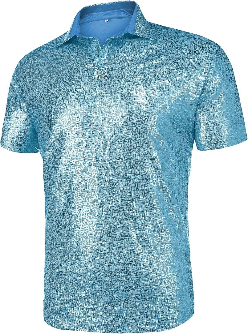 URRU Men's Relaxed Short Sleeve Turndown Sparkle Sequins Polo Shirts 70s Disco Nightclub Party Shirt Top, Size: M