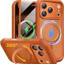 Miracase for iPhone 17 Pro Case with 360 Spin Magnetic Stand, Full-Body Phone Case with Built-in Glass Screen Protector & Camera Control, Drop Proof iPhone 17 Pro Cover, Orange
