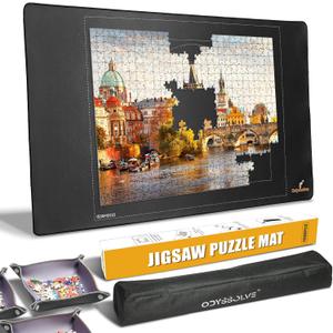 Jigsaw Puzzle Mat Roll Up 1500 Pieces Saver Pad 46" x 26" with 3 Sorting Trays & Travel Storage Bag Portable Non-Slip Rubber Bottom (Medium, Black)