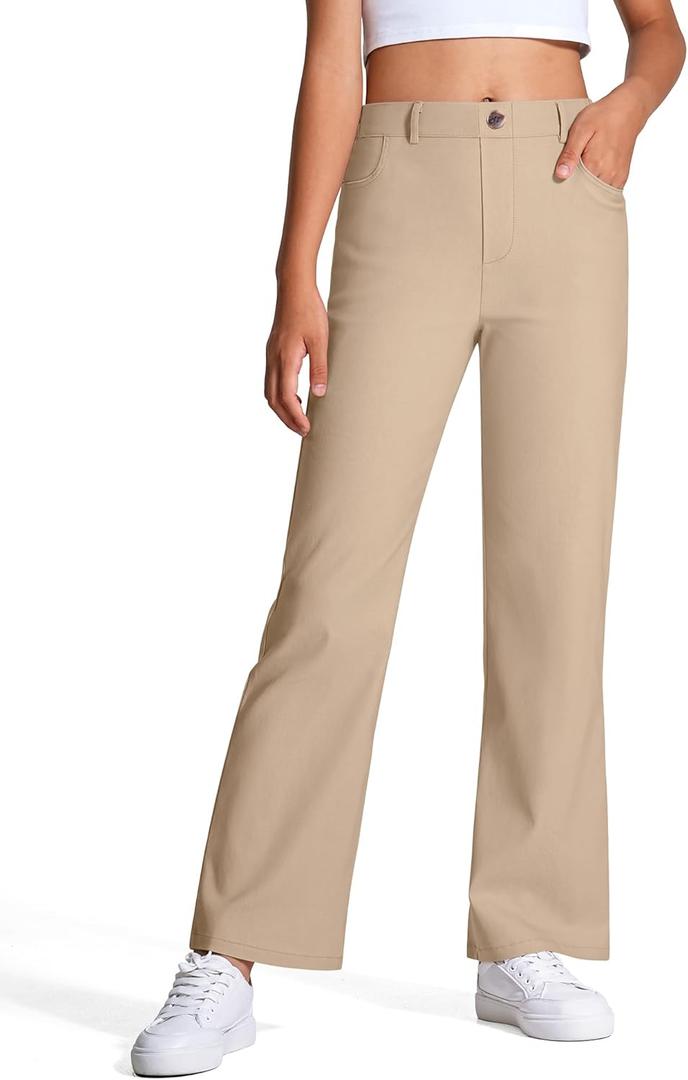 Girls Uniform Pants Kids High Stretchy Flare Dress Pants Elastic Waist Size 7-14 Years (Khaki)