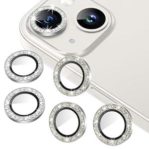 AGVEE 3+3 for iPhone 14 6.1" / 14 Plus 6.7" Camera Lens Protector, Bling Diamond & Bling Glitter Metal Ring 9H Tempered HD Glass Camera Protector Cover Film, Bling-Silver