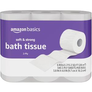 Amazon Basics Soft and Strong 2-Ply Toilet Paper, 6 Ultra Rolls = 24 Regular Rolls, Unscented, 340 Sheets per Roll, Septic Safe