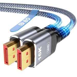 Highwings 80Gbps Displayport Cable 2.1 6.6FT, 16K@60Hz, 8K@120Hz, 4K@240Hz, DP 2.1 Cable 16K Braided Cord, Compatible with HDR10 DSC 1.2a, G-Sync FreeSync Gaming PC, Gaming Monitor 5090, AMD 7900XTX