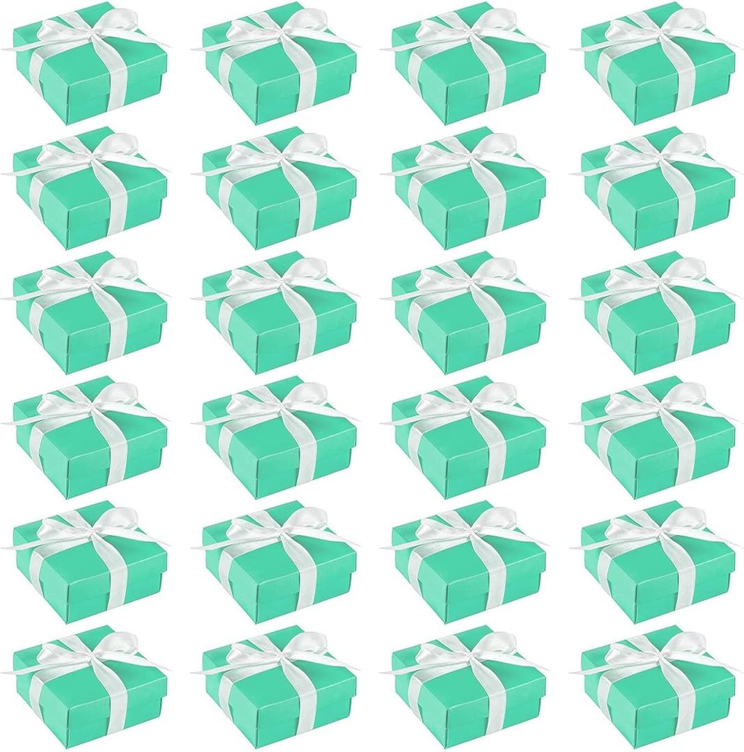 BLUE PANDA Small Teal Boxes with Lids & Silk Ribbon, 24-Pack for Presents, Weddings, Baby Showers & Engagements (3.7 x 3.7 x 1.6 in)