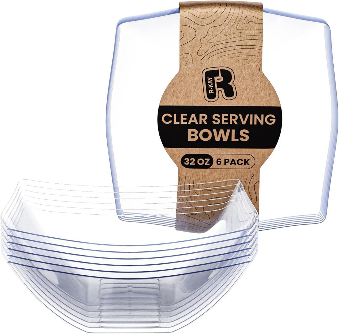 R-kay 6 Pack Square Plastic Serving Bowls - Clear Plastic bowls 32 Oz - Salad Bowls Large Serving, Premium Duty For Weddings Catering And Birthday parties