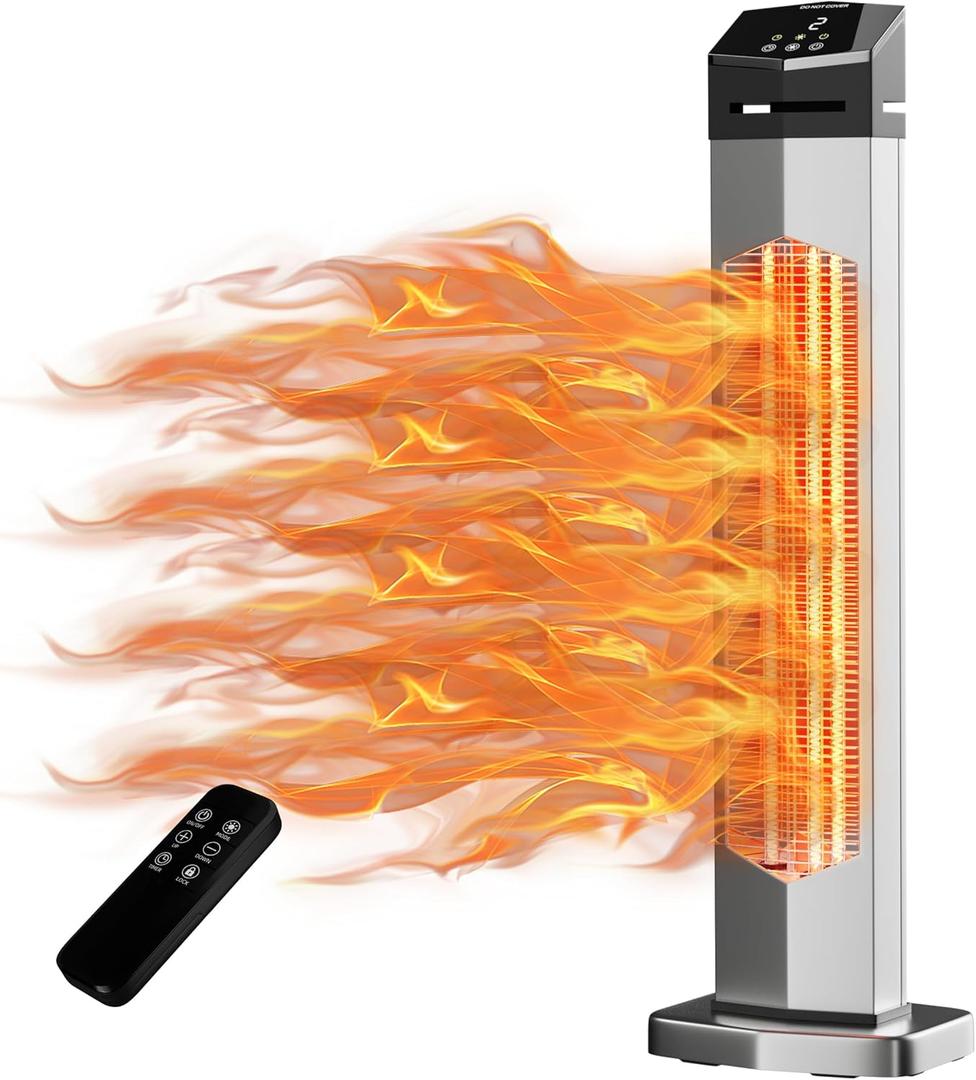 AKIRES 37IN Outdoor Patio Heater,Portable Space Radiant Tower Heaters With IP54 Waterproof,12H Timer,Large Room Heater for Garage Backyard Porch Balcony Shop Patio,Matte Silver