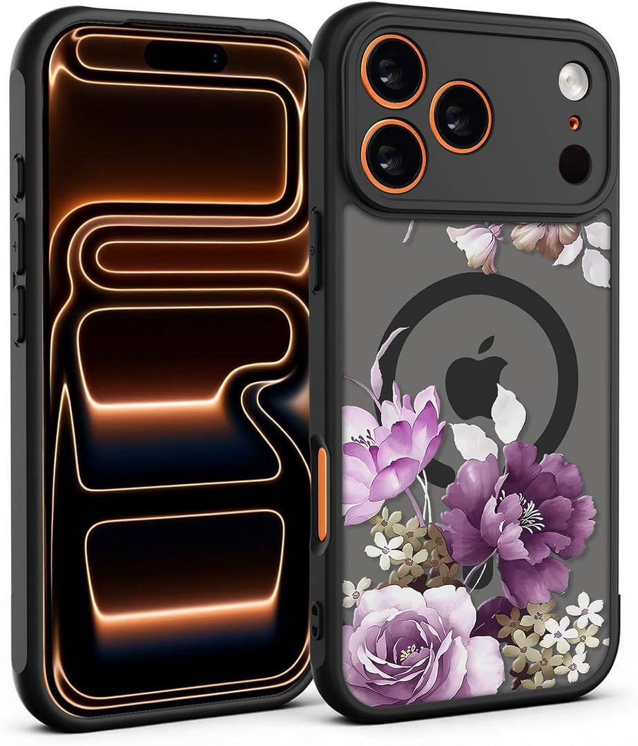 for iPhone 17 Pro Max Case, Black Floral Flower Pattern Case [Compatible with MagSafe] [Translucent Matte] Cute Slim Shockproof Protective Women Girls iPhone Case, Pink Purple Flower